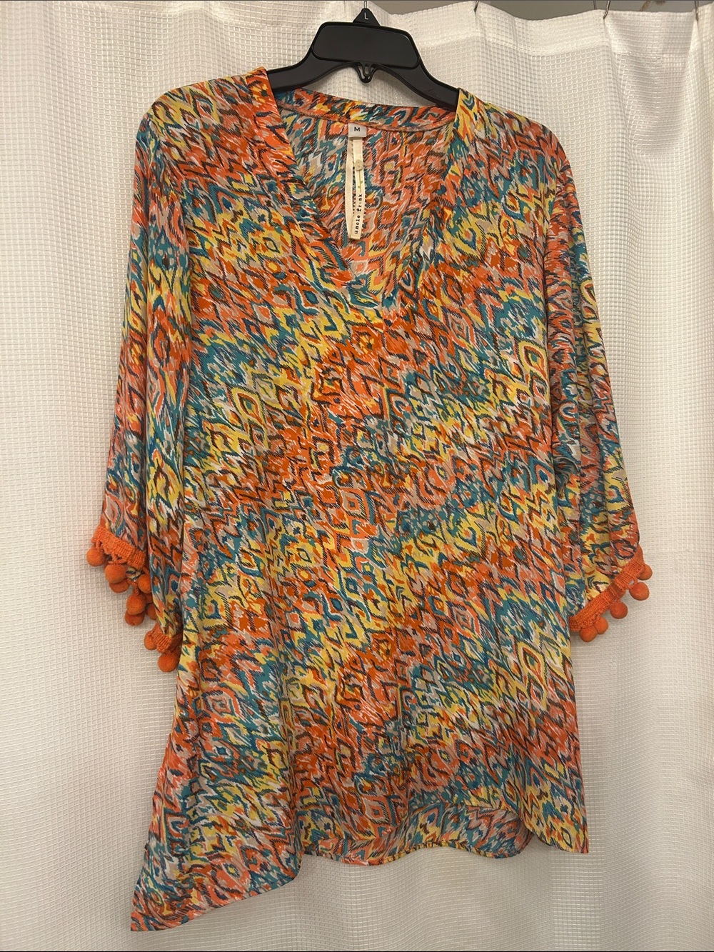 Uncle Frank Orange Multi-Print V-Neck Tunic with Pom Trim, Med